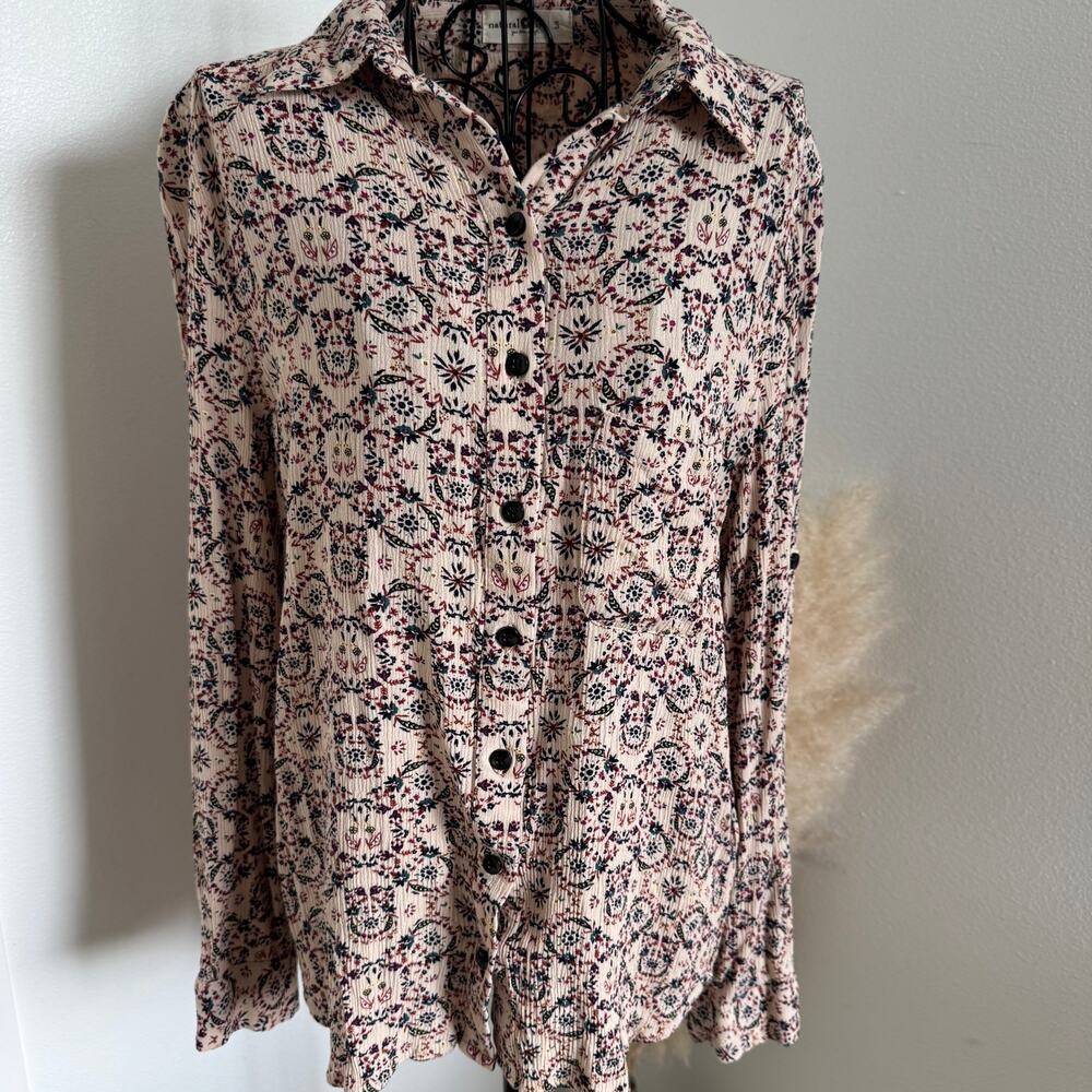 Natural Life Cream Floral Boho Chic Button Down Top Small- Cottagecore